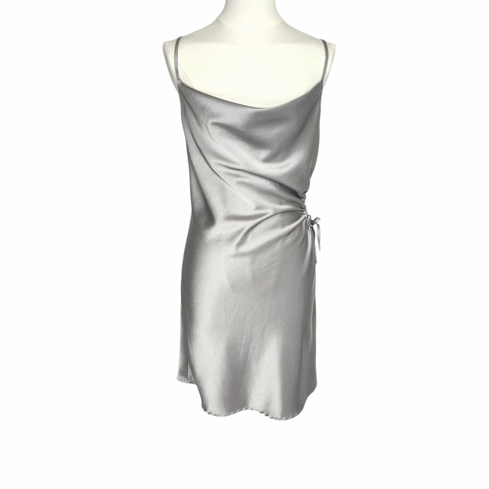 West of Melrose Silver Satin Cowl Neck Mini Dress Adjustable Side Cutout S Y2K